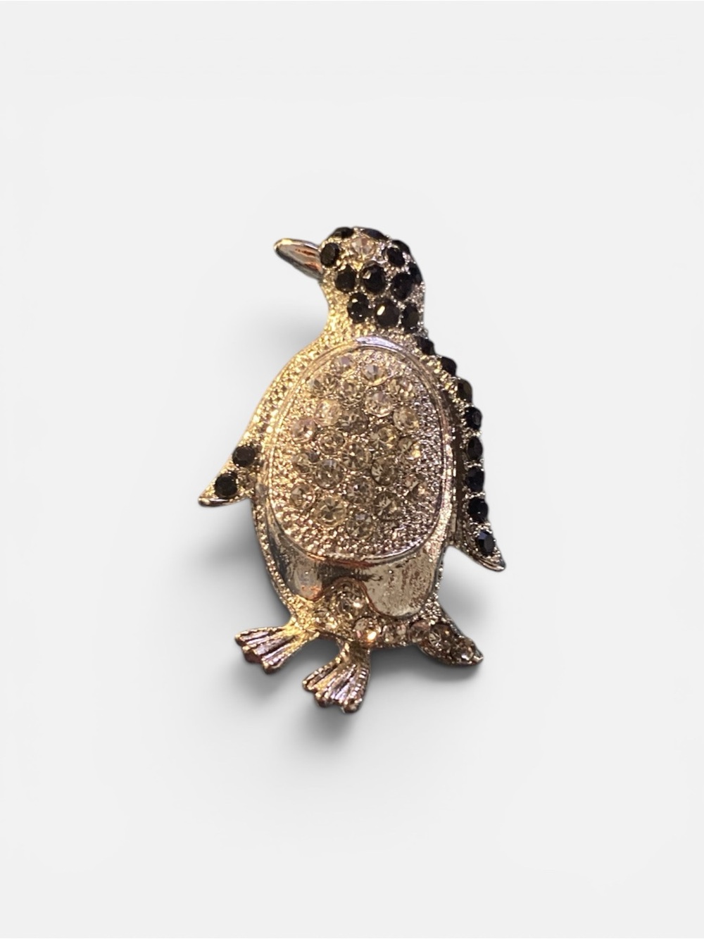 Gold Tone Penguin Brooch with Black Crystal Accents